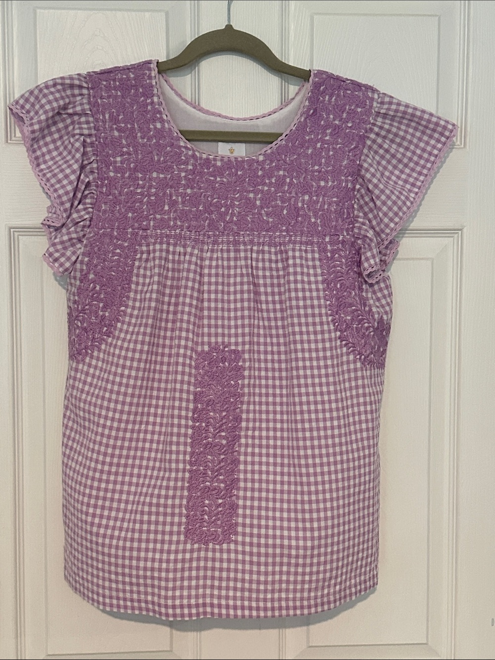 I. Marie Lavender Gingham Embroidered Peasant Top